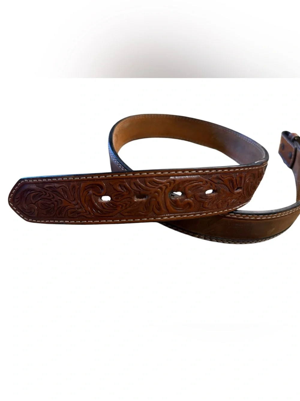 3D Men’s 38 Tooled Brown Leather Belt Only Hand Tooled Ends